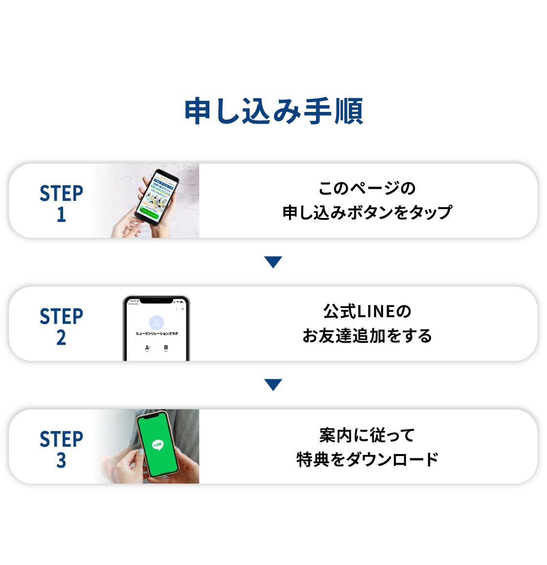 このページの申し込みボタンをタップ→公式LINEのお友達追加をする→案内に従って特典をダウンロード